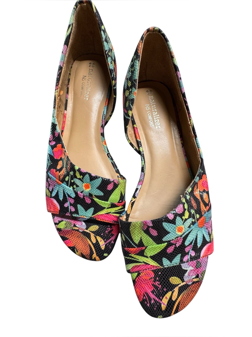 Naturalizer Women's Floral Peep-Toe Flats in Black Multi color